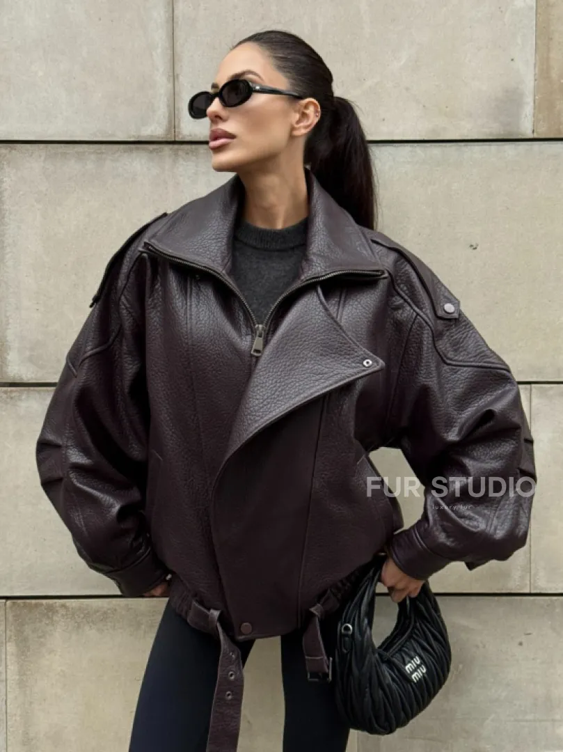 Стильная женская куртка из натуральной зернистой кожи COLLECTION DARK BURGUNDY - фото 0