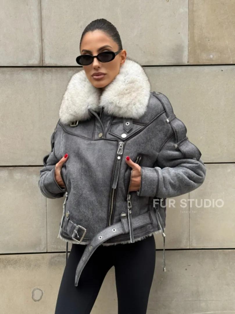 Стильная косуха-дубленка Vintage Grey с воротником из меха песца со шнуровкой на спине