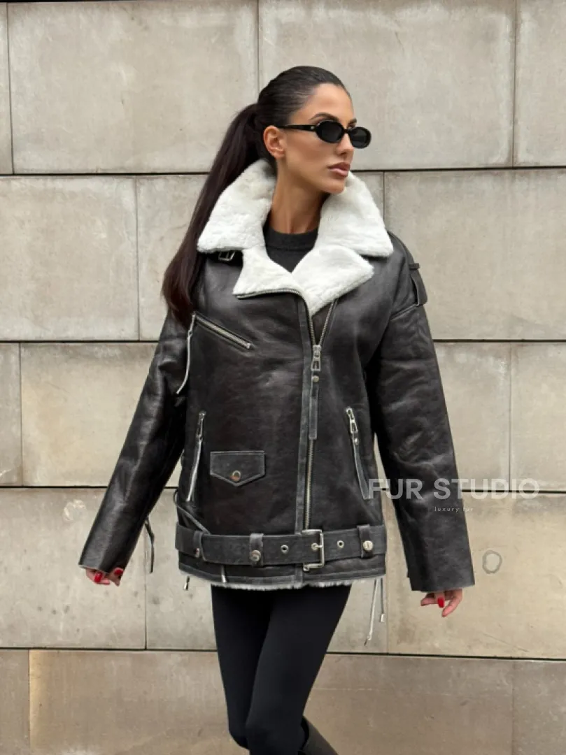 Дубленка-авиатор из натуральной овчины Dark Grey Vintage, со шнуровкой по боковому шву - фото 17