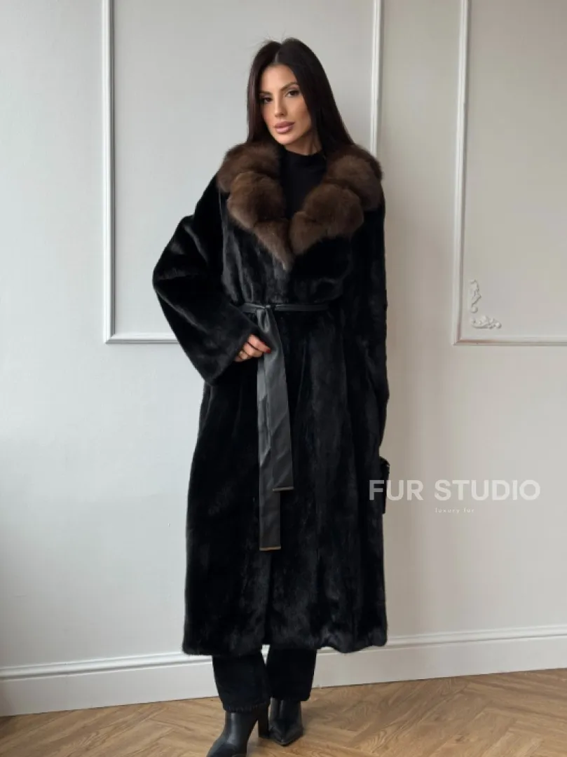 Шуба кимоно LUXURY FASHION из аукционной норки NAFA MINK с английским воротником из меха соболя - фото 6
