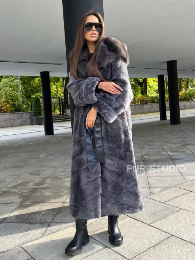 Шуба из аукционной норки с капюшоном куница цвет графит-хамелеон - фото 12