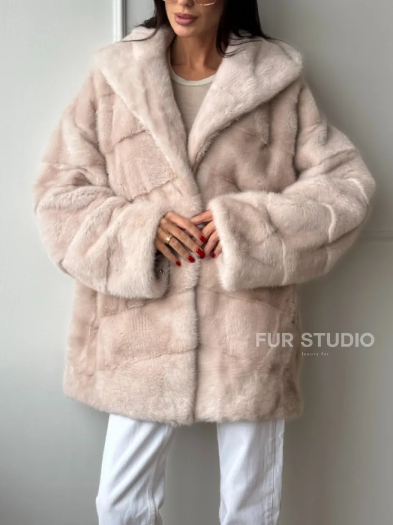 Зимняя норковая шуба цвет пудра с капюшоном - фото 3