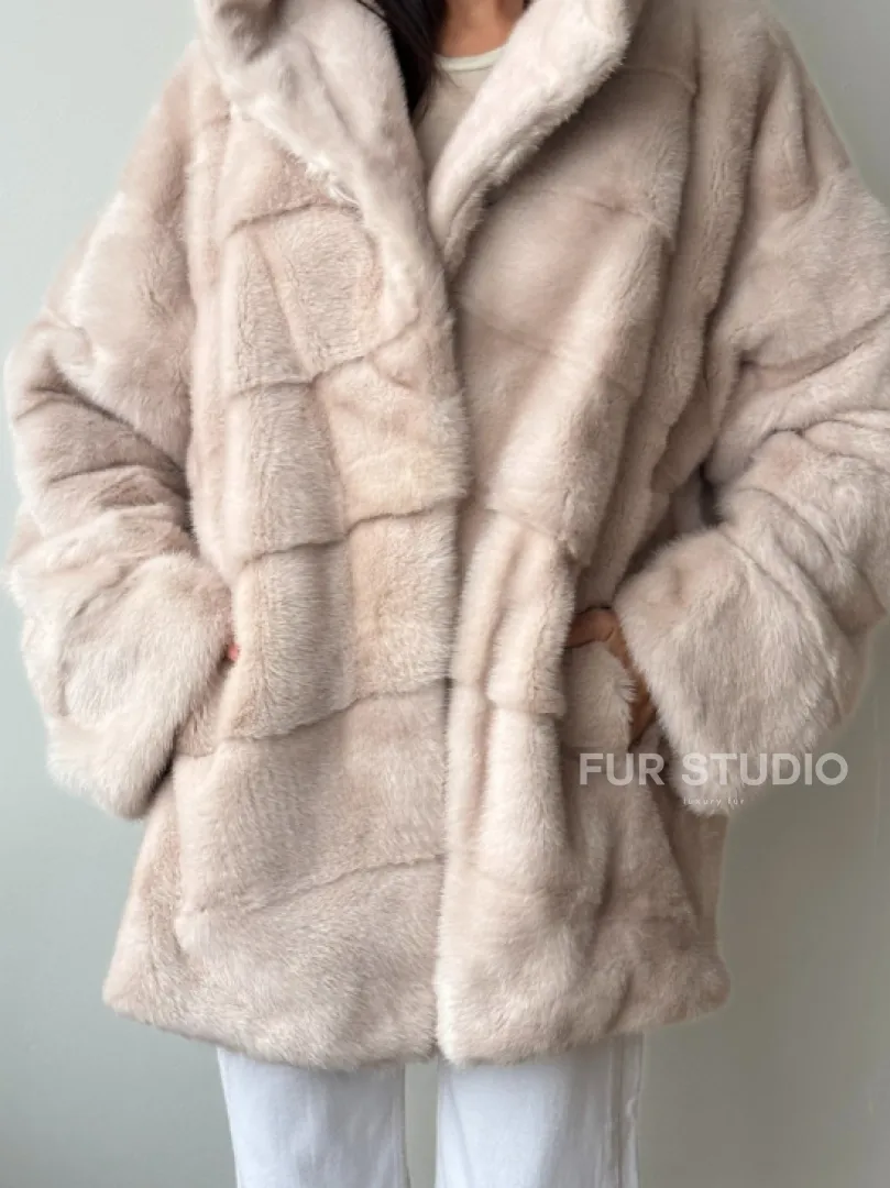 Зимняя норковая шуба цвет пудра с капюшоном - фото 1