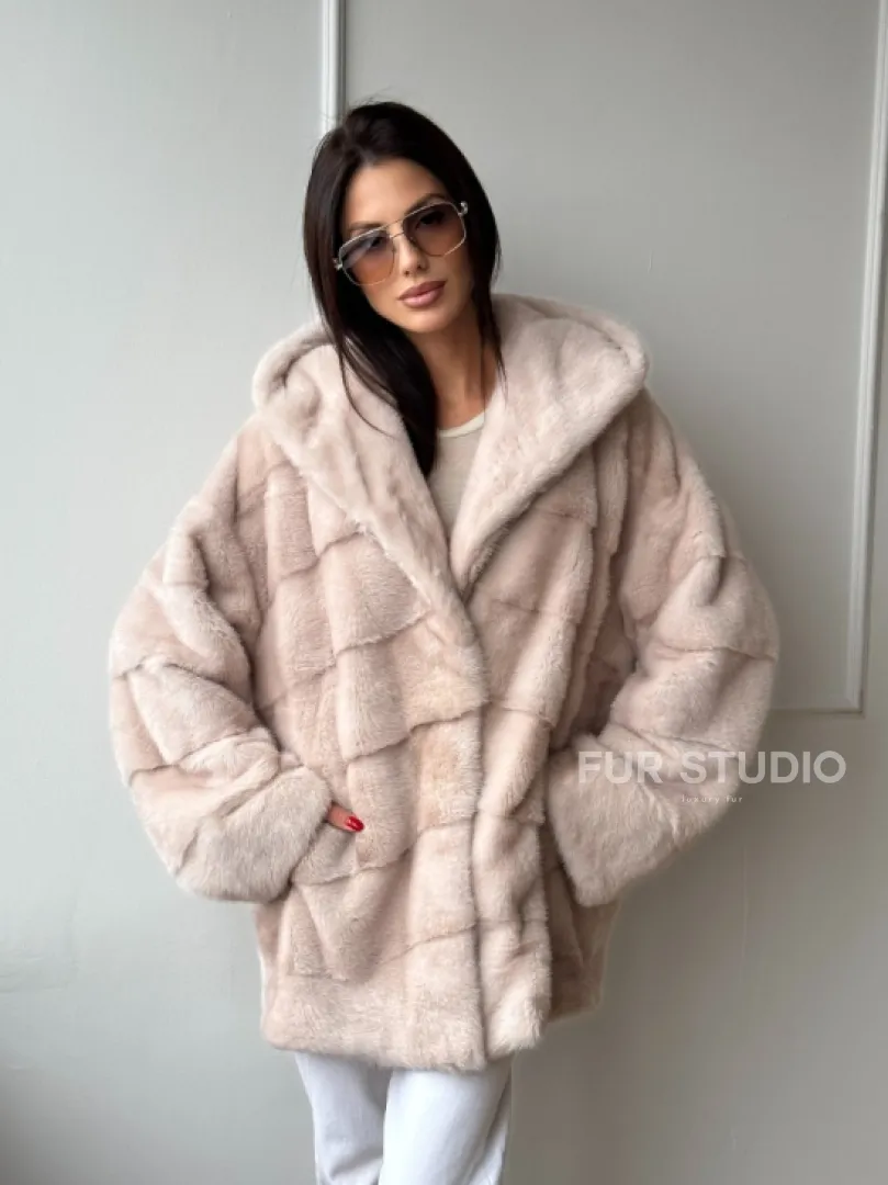 Зимняя норковая шуба цвет пудра с капюшоном - фото 6