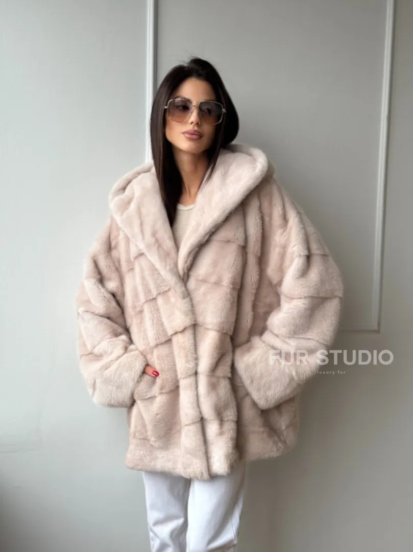Зимняя норковая шуба цвет пудра с капюшоном - фото 11