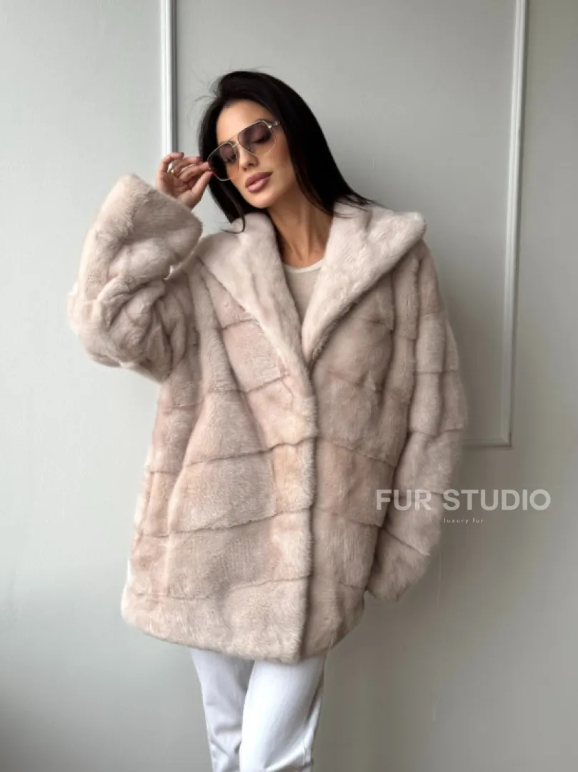 Зимняя норковая шуба цвет пудра с капюшоном - фото 9