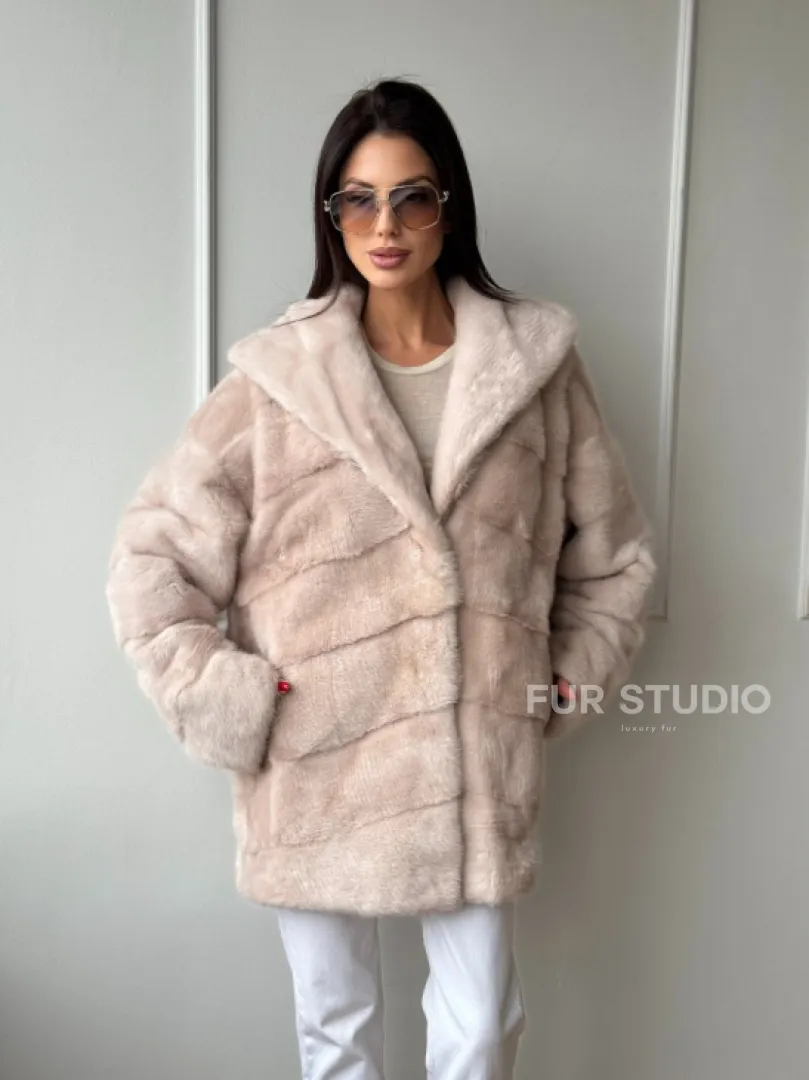 Зимняя норковая шуба цвет пудра с капюшоном - фото 7