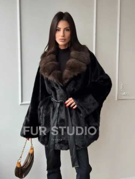 Полушубок из норки Black с воротником из меха темной куницы - фото 7
