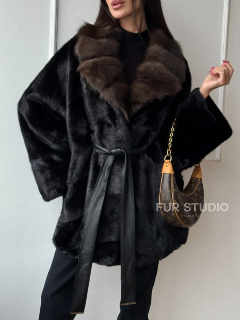 Полушубок из норки Black с воротником из меха темной куницы - фото 5