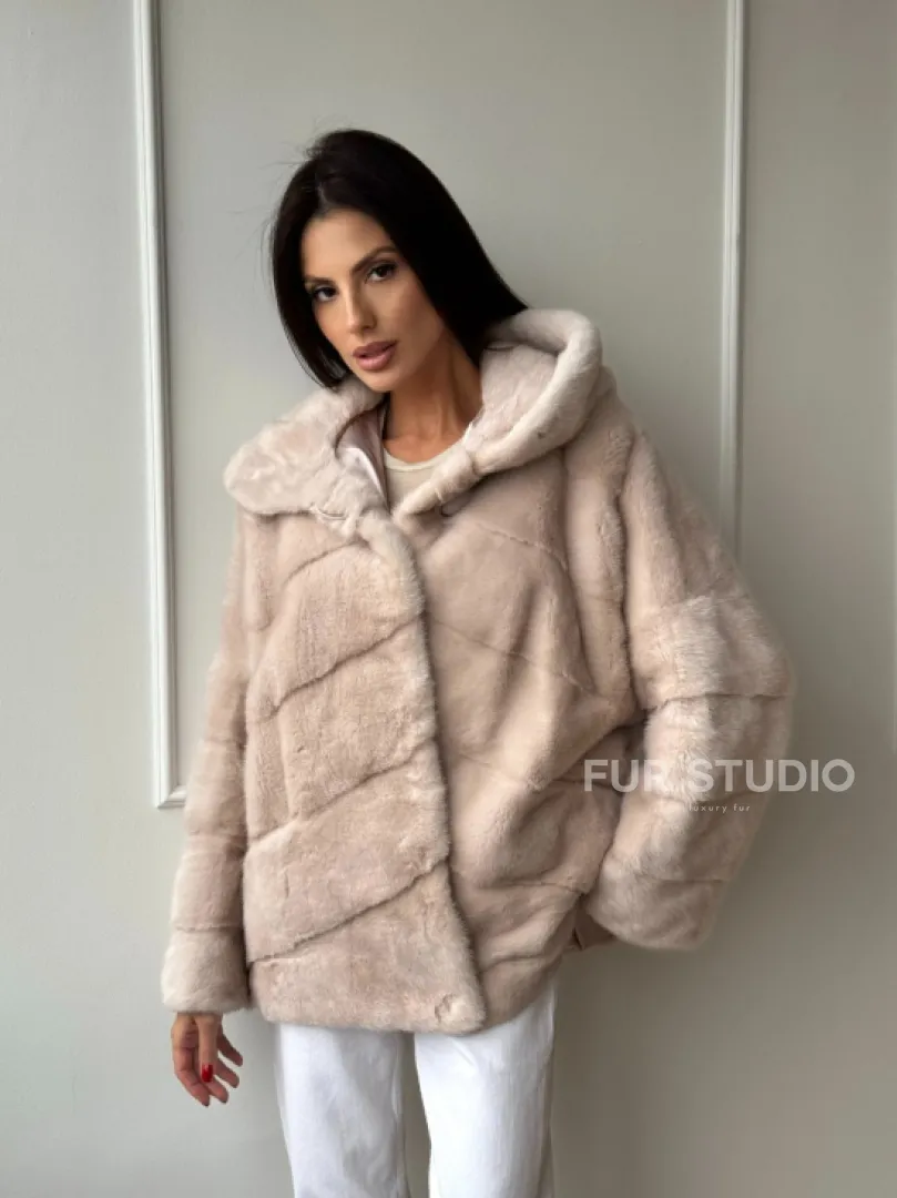 Меховая куртка - шуба из меха норки с капюшоном в цвете пудра - фото 8