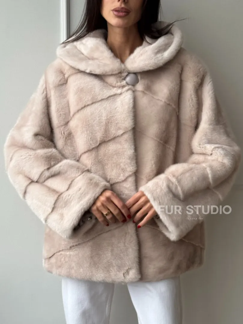 Меховая куртка - шуба из меха норки с капюшоном в цвете пудра - фото 3