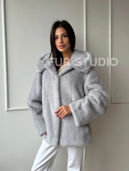 Женский норковый полушубок автоледи с капюшоном из голубой норки - фото 10