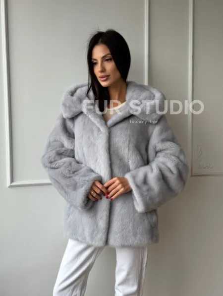 Женский норковый полушубок автоледи с капюшоном из голубой норки - фото 9