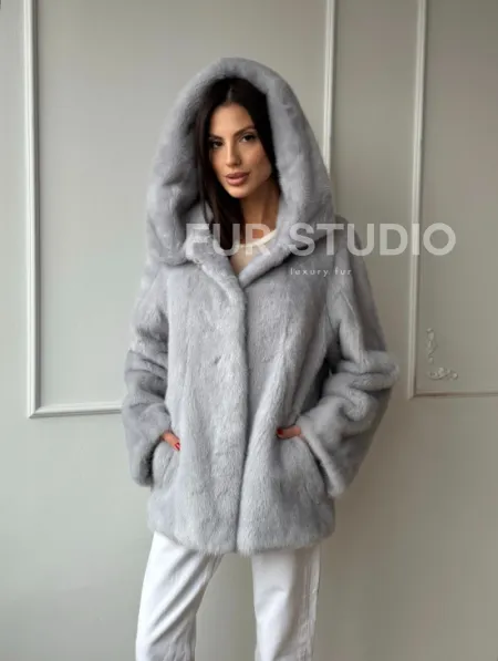 Женский норковый полушубок автоледи с капюшоном из голубой норки - фото 5
