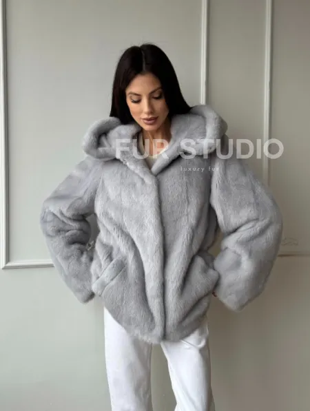 Женский норковый полушубок автоледи с капюшоном из голубой норки - фото 7