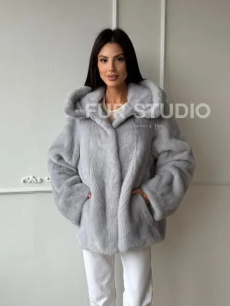 Женский норковый полушубок автоледи с капюшоном из голубой норки - фото 4