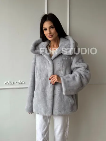 Женский норковый полушубок автоледи с капюшоном из голубой норки - фото 8