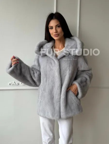 Женский норковый полушубок автоледи с капюшоном из голубой норки - фото 3