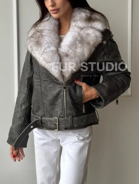 Куртка - косуха демисезонная из натуральной кожи с мехом песца - фото 7