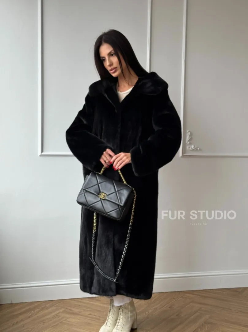 Натуральная черная женская шуба из меха норки Blackglama с капюшоном - фото 11