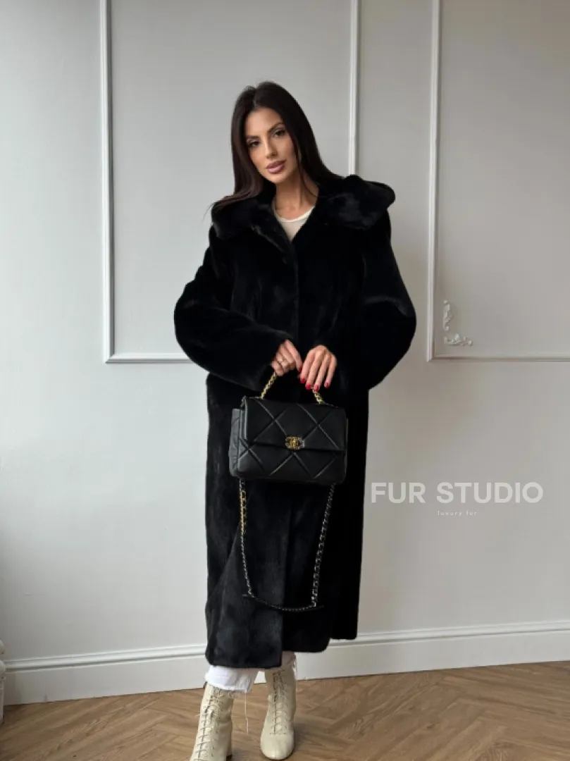 Натуральная черная женская шуба из меха норки Blackglama с капюшоном - фото 14