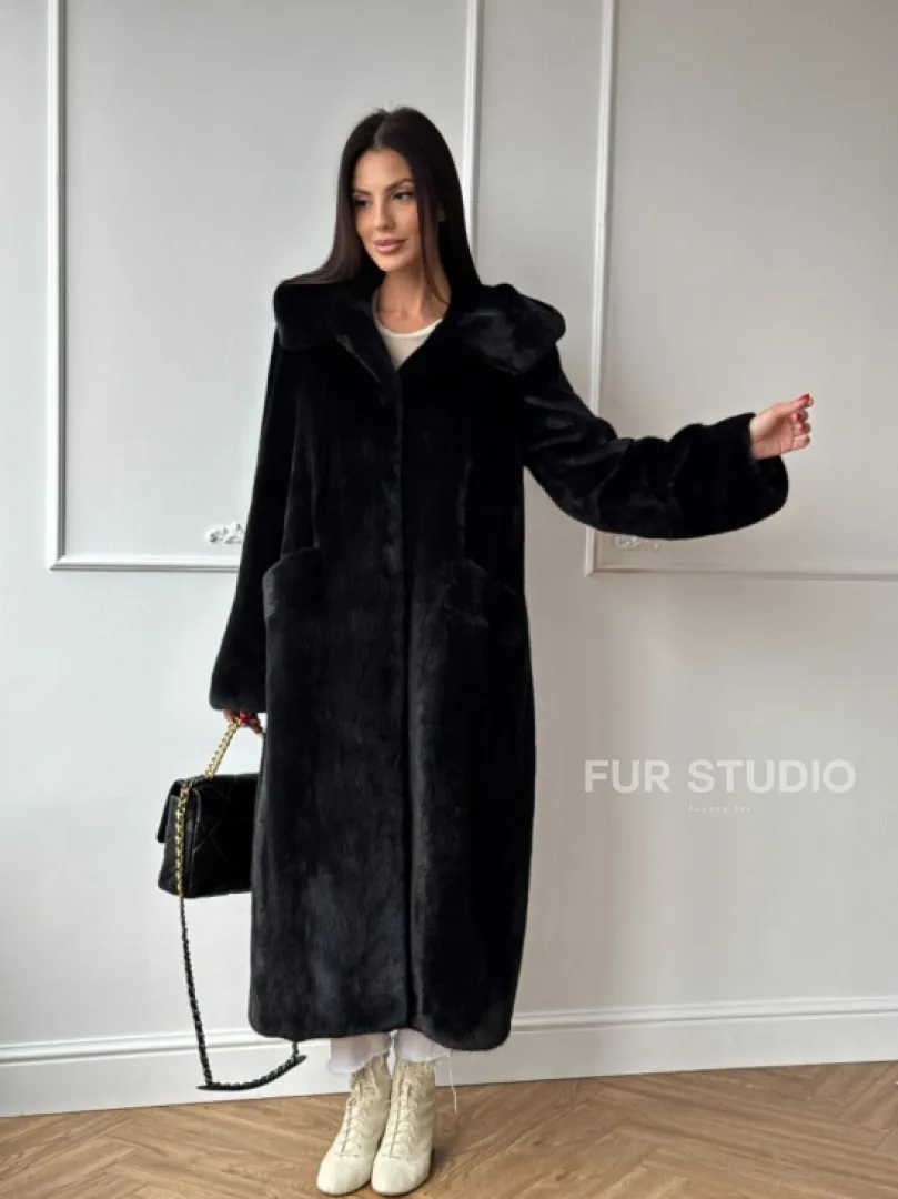 Натуральная черная женская шуба из меха норки Blackglama с капюшоном - фото 13