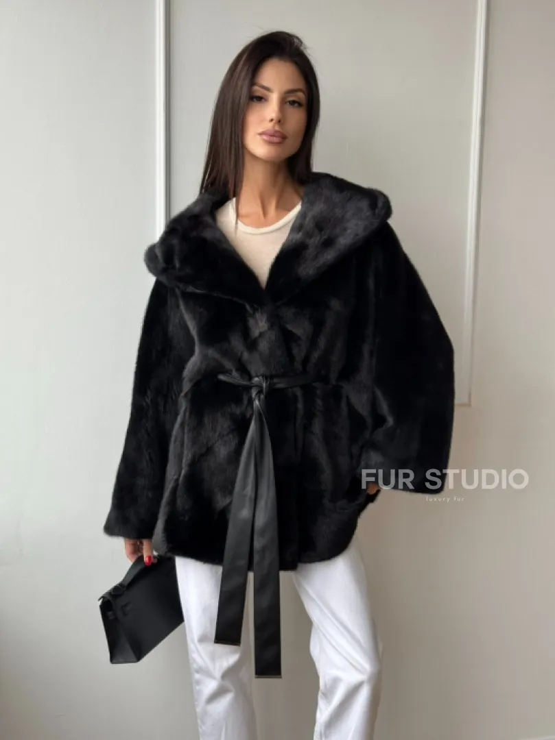Летучая мышь шуба из меха норки Black с капюшоном - паркет