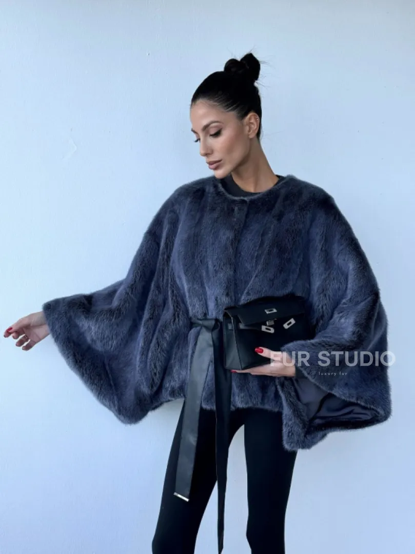 Женское меховое манто - шуба из норки с круглым вырезом, модель  «Летучая мышь» - фото 8