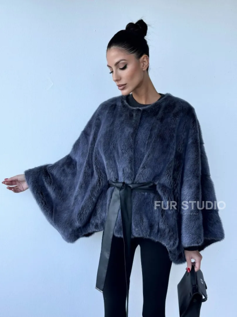 Женское меховое манто - шуба из норки с круглым вырезом, модель  «Летучая мышь» - фото 0