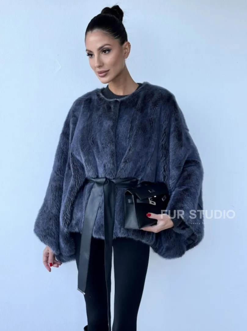 Женское меховое манто - шуба из норки с круглым вырезом, модель  «Летучая мышь» - фото 5