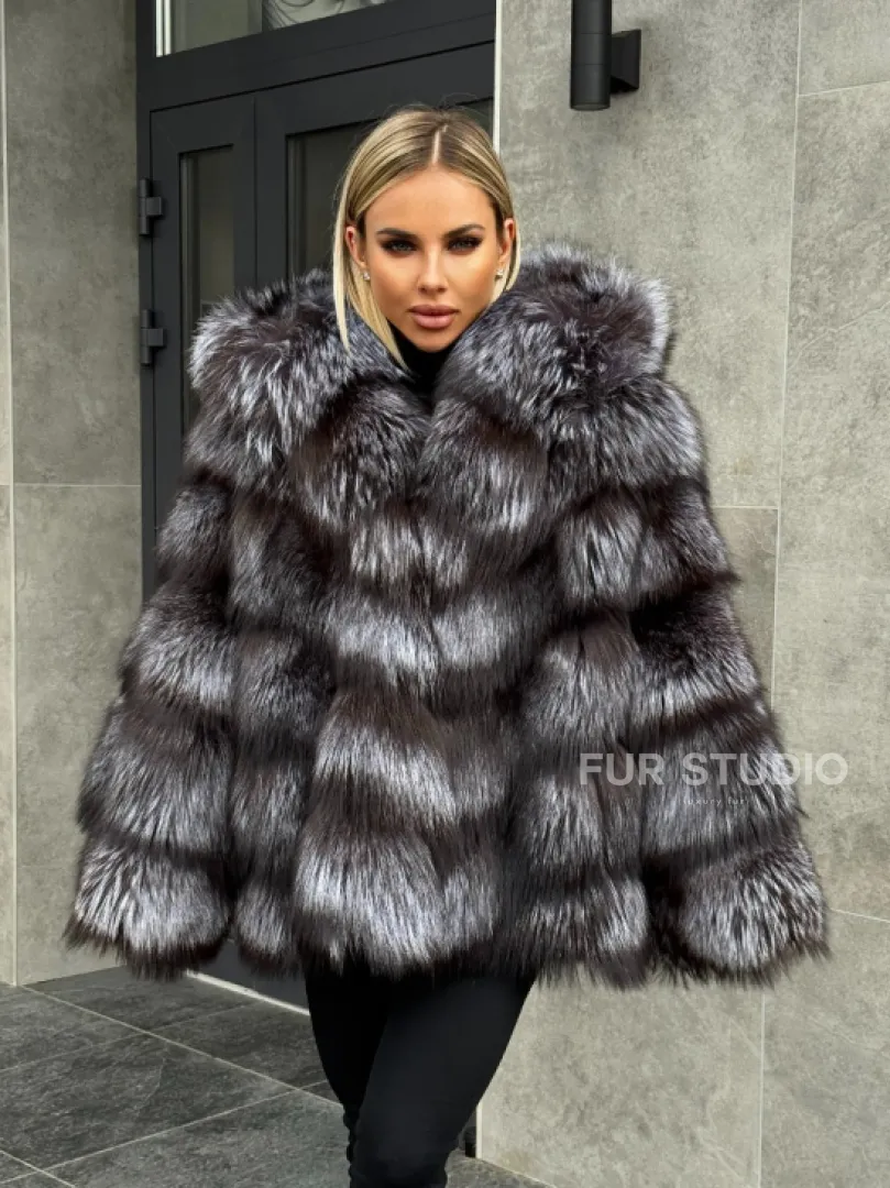 Шуба натуральная из чернобурки с капюшоном - фото 11