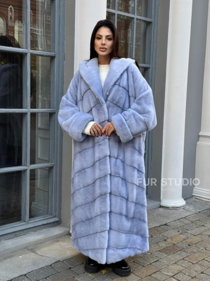 Шуба кимоно LUXURY FASHION из меха голубой норки с капюшоном