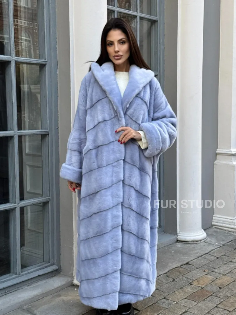 Шуба кимоно LUXURY FASHION из меха голубой норки с капюшоном