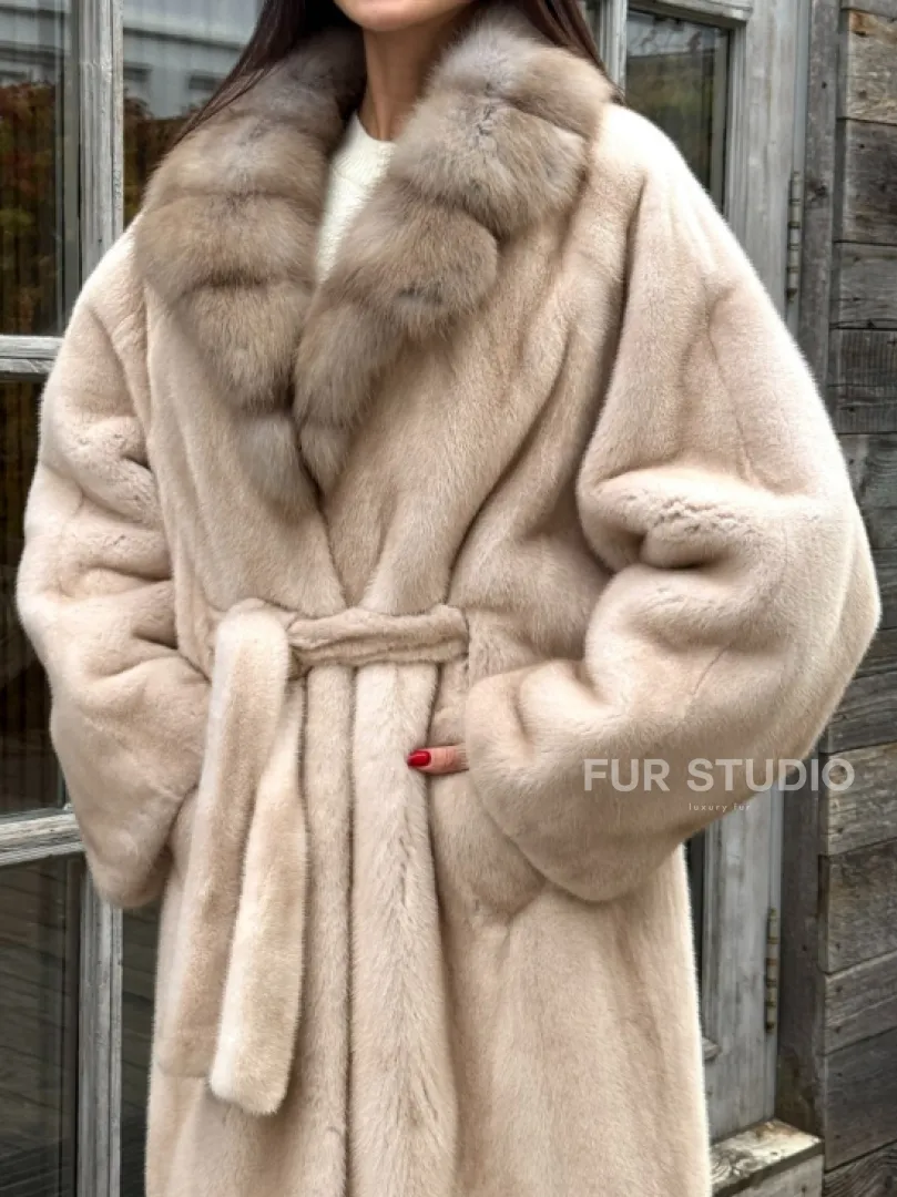 Шуба LUXURY кимоно из норки IVORY с английским воротником из меха куницы - фото 3