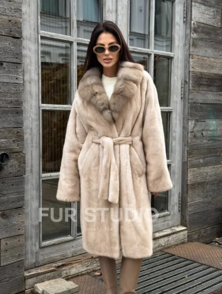 Шуба LUXURY кимоно из норки IVORY с английским воротником из меха куницы - фото 12