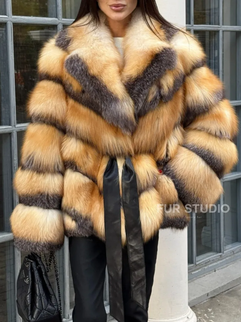 Шуба из меха лисы Golden-grey fox с английским воротником, с поясом - фото 5