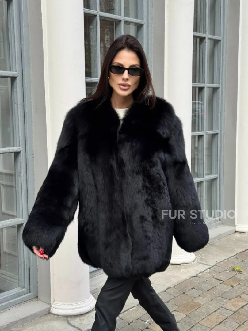 Шуба - жакет из меха песца цельные платины TOTAL BLACK - фото 0