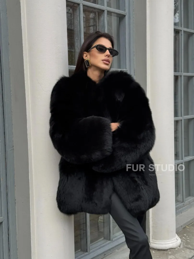 Шуба - жакет из меха песца цельные платины TOTAL BLACK - фото 8
