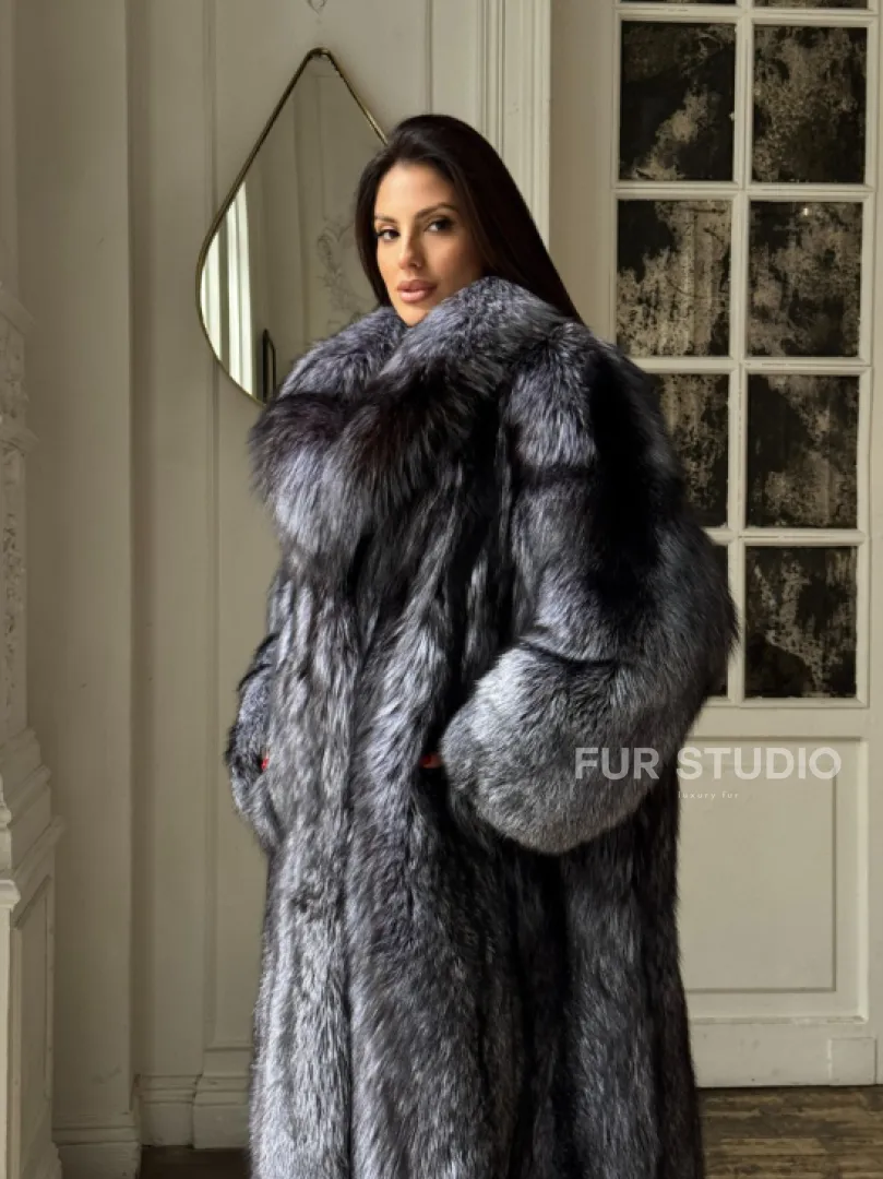 Длинная шуба из натурального меха чернобурки, воротник шаль - фото 5