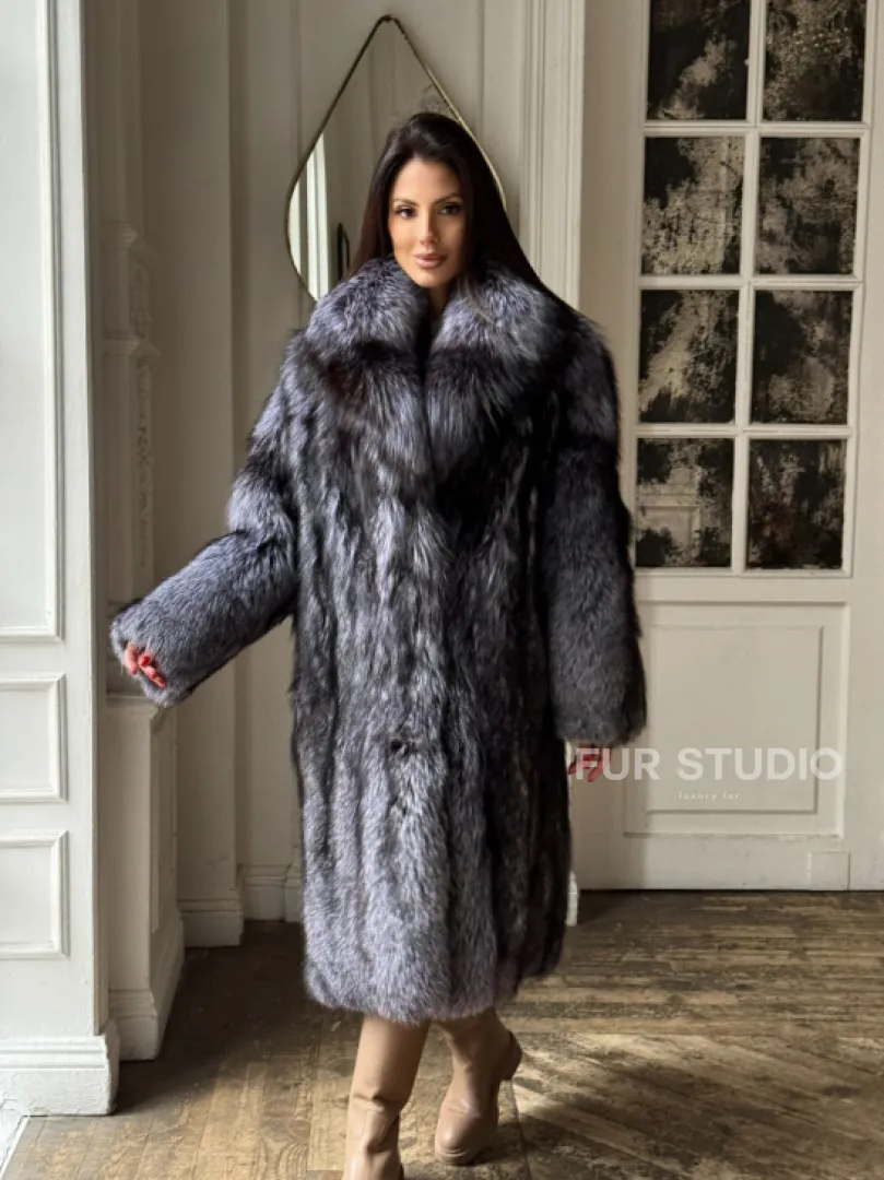 Длинная шуба из натурального меха чернобурки, воротник шаль - фото 6