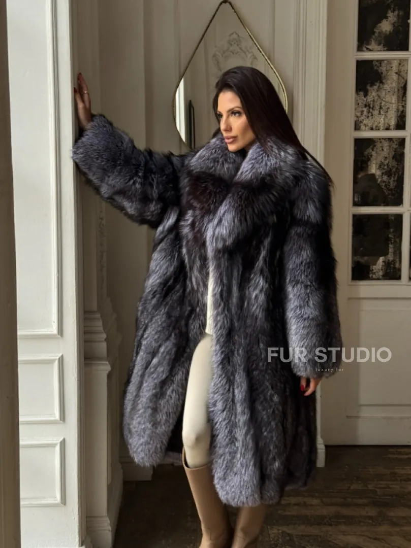 Длинная шуба из натурального меха чернобурки, воротник шаль - фото 0