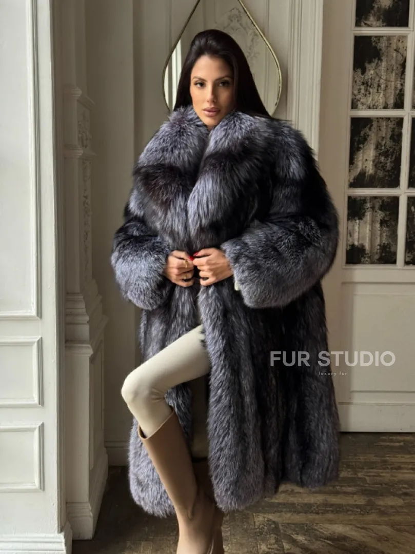 Длинная шуба из натурального меха чернобурки, воротник шаль - фото 4