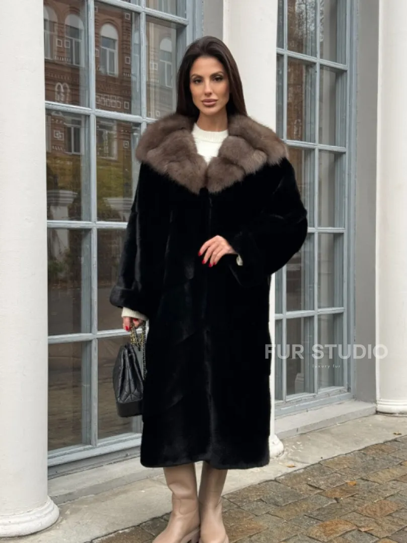 Шуба норковая PREMIUM NAFA капюшон кобра из меха куницы - фото 0