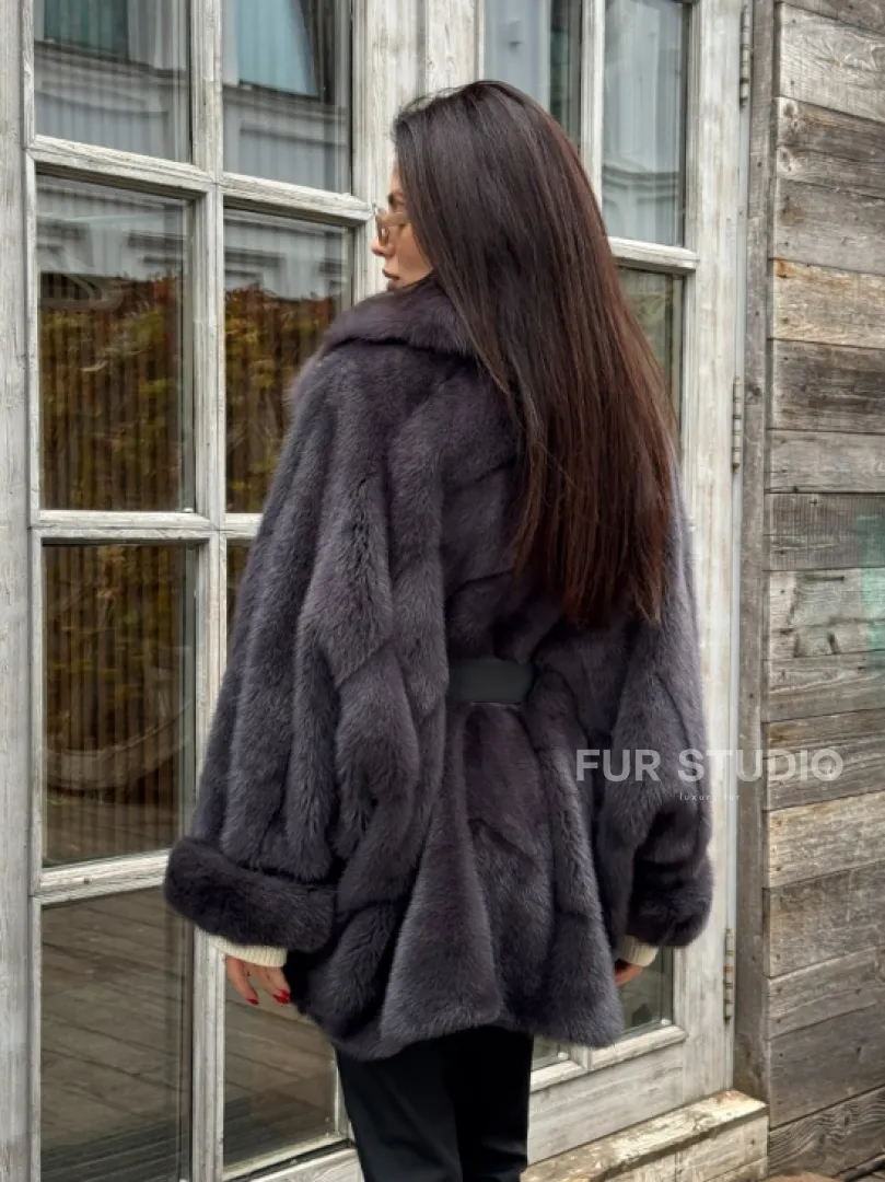 Шуба Летучая мышь из норки Graphite с английским воротником из меха куницы - фото 5