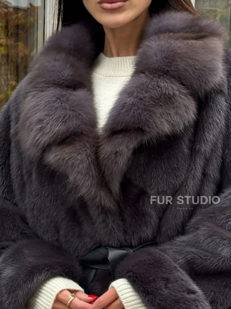 Шуба Летучая мышь из норки Graphite с английским воротником из меха куницы - фото 1