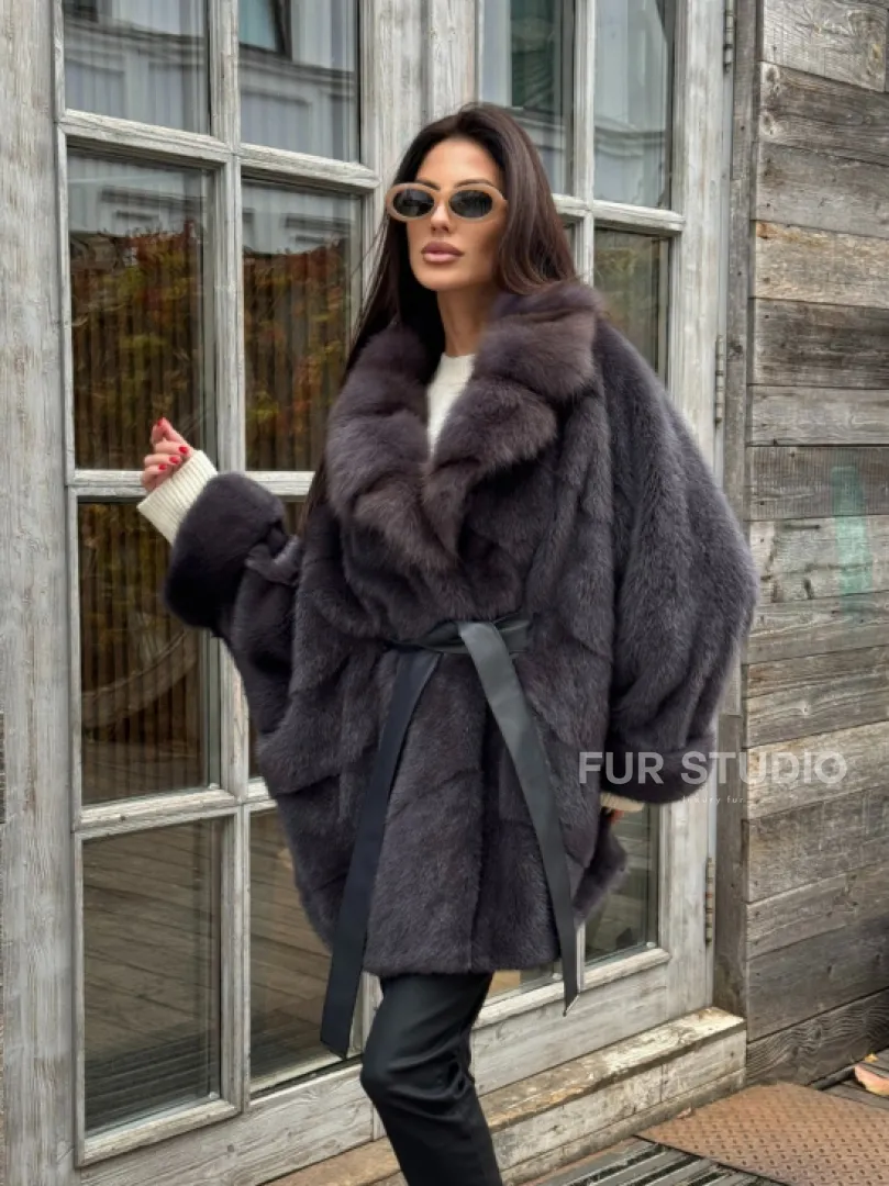 Шуба Летучая мышь из норки Graphite с английским воротником из меха куницы - фото 10