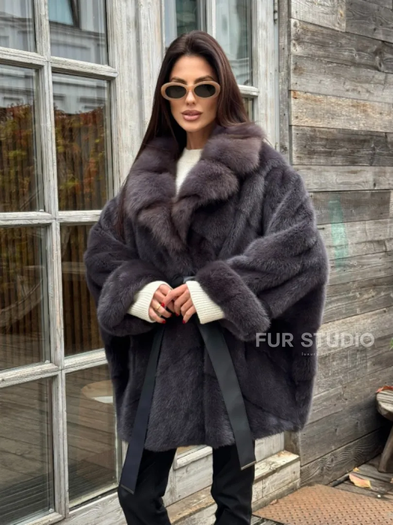 Шуба Летучая мышь из норки Graphite с английским воротником из меха куницы - фото 7