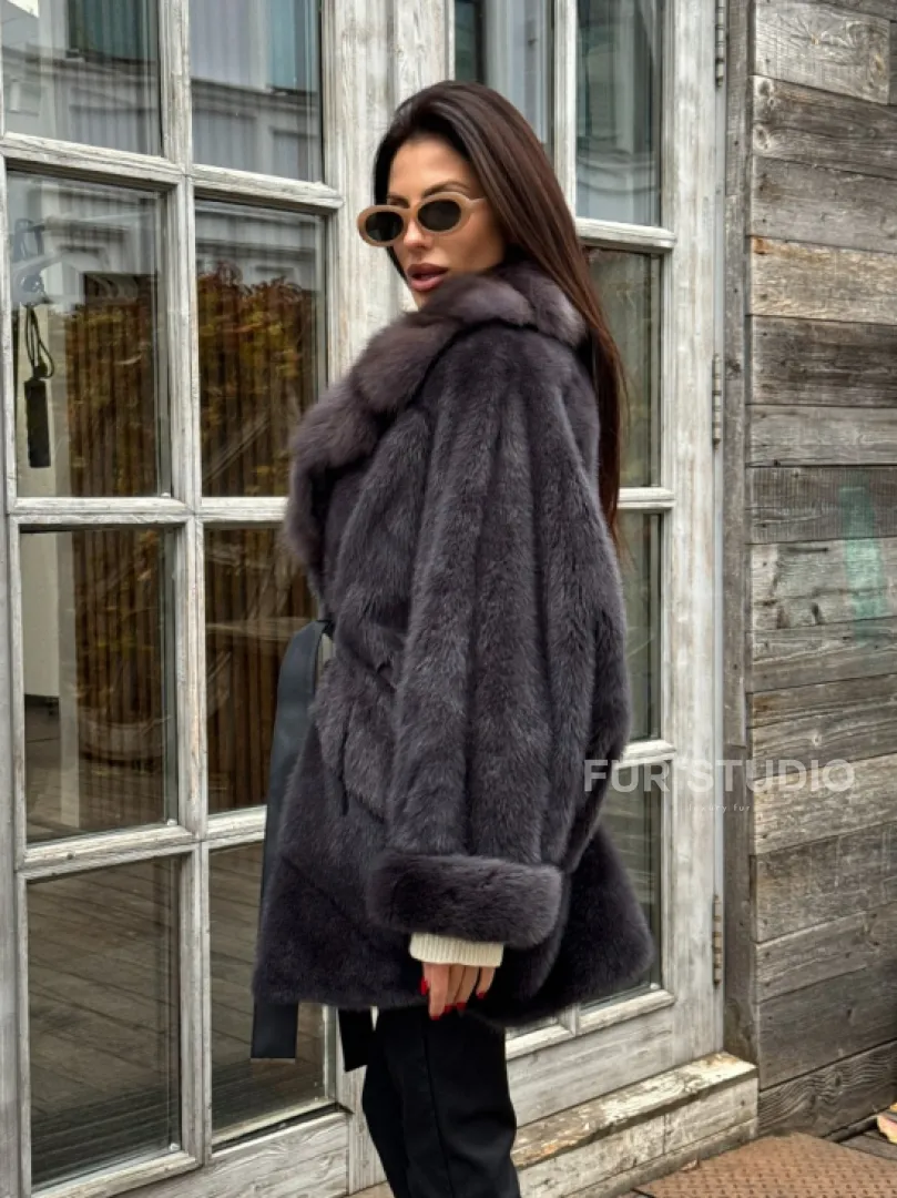 Шуба Летучая мышь из норки Graphite с английским воротником из меха куницы - фото 6
