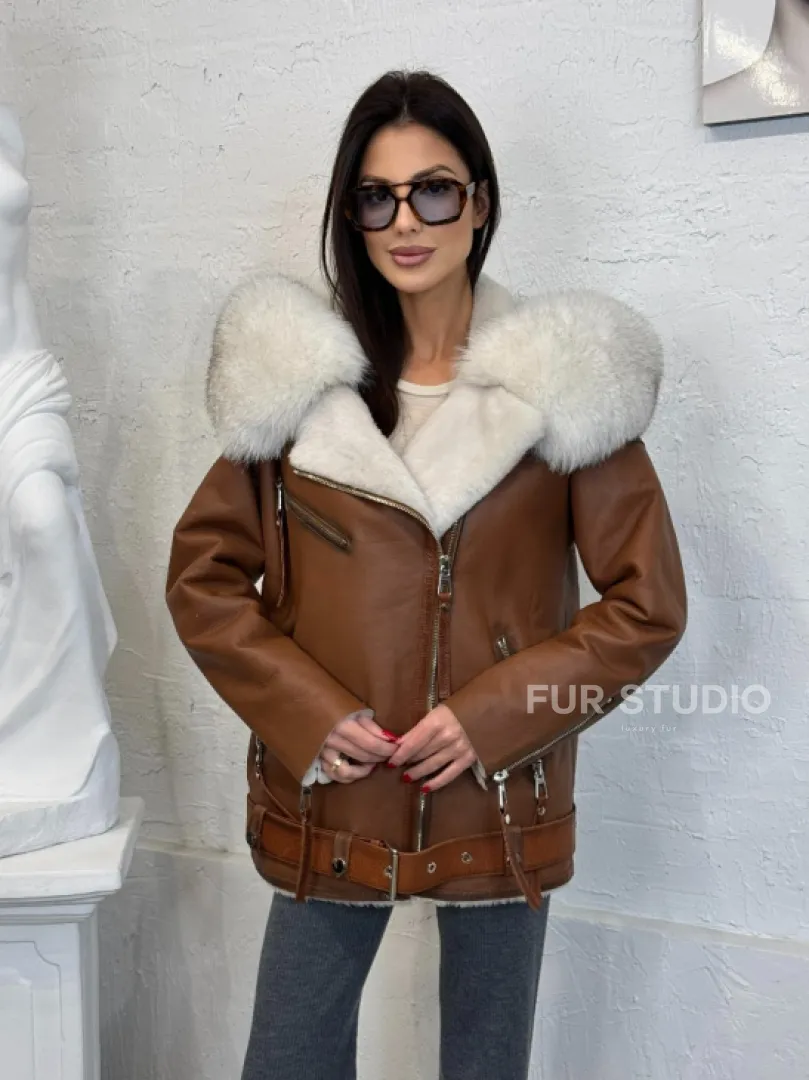Дубленка - куртка женская из натуральной овчины с капюшоном из меха финского песца - фото 9