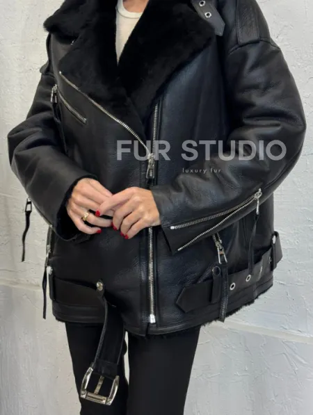 Дубленка зимняя авиатор из натуральной овчины - цвет черный - фото 1